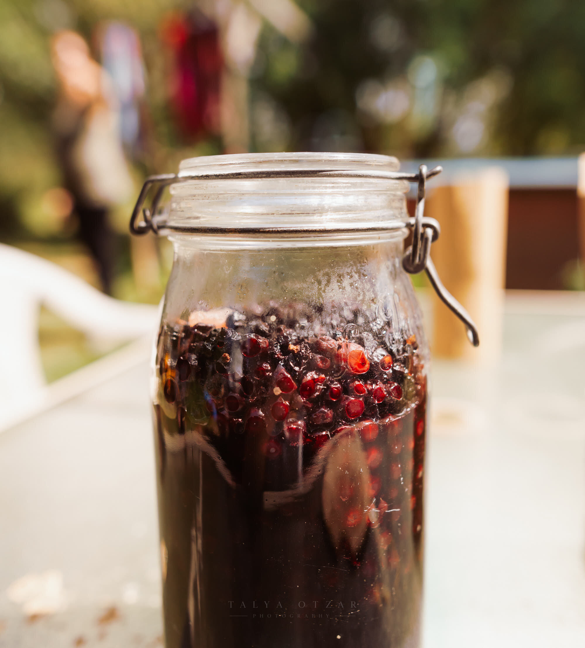 A preserving jar of dark fruit steeping in the garden light