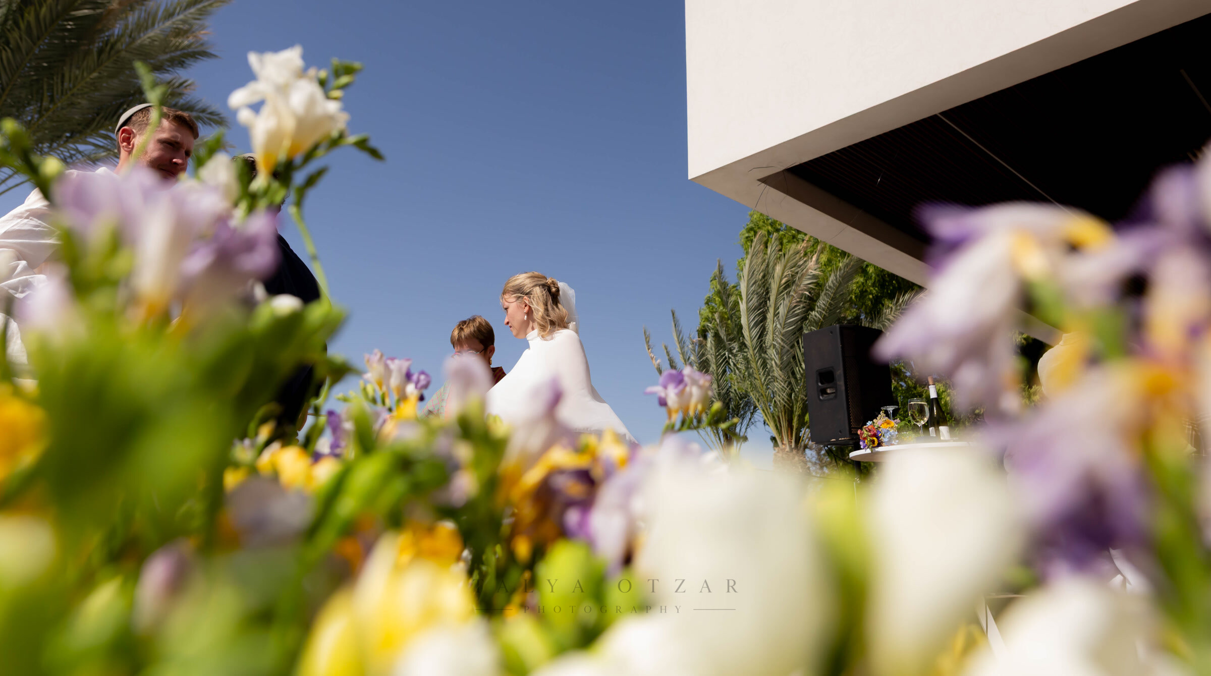 The couple under the chuppah seen through a foreground of irises and freesias